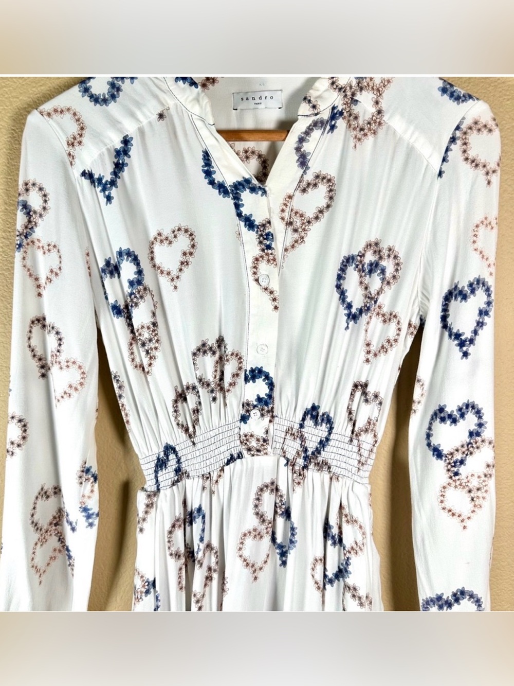 Sandro White Long Sleeve Midi Dress with Blue Heart Print, Size 6 - Picture 4 of 8